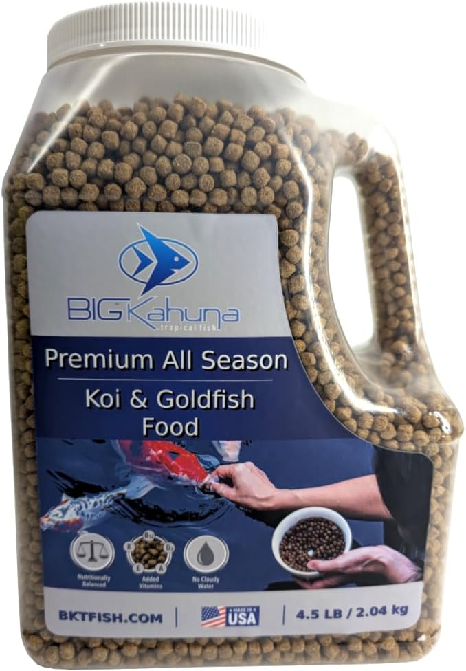 BIG Kahuna Koi Fish Food- 4.5 lbs Jug – Made in The USA - Koi Food Floating Pellets – 3/16" - 1/4" Pellet Size – 32% Protein Fish Food – Rich in Nutrients