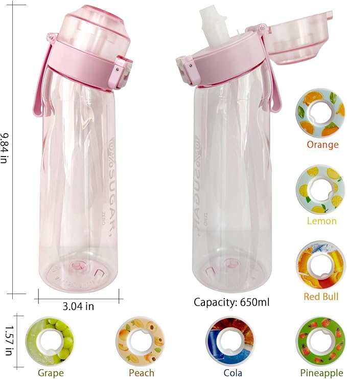 Air Water Bottle,650ML Scent Water Cup with 7 Flavour Pods,Leak Proof Sports Water Cup with Straw Suitable for Outdoor Sports,Gifts From Friends, Birthday Gifts (Pink)