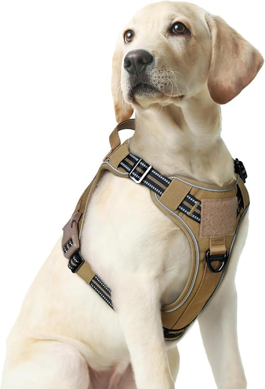 rabbitgoo Dog Harness Medium Sized No Pull, Tactical Service Pet Vest with Molle and Control Handle, Adjustable and Reflective Military Harness for Easy Walking and Training, Brown, M