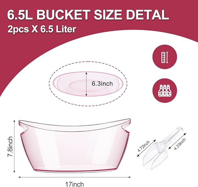 Ice Buckets for Parties, 2 PCS Acrylic Champagne Beverage with 2 Ice Bucket Scoop, Drinks Buckets Tub for Cocktail Bar, Long and Narrow 5.5 Liter Bucket for Party(5.5L) (Pink)