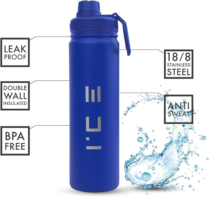 ICE Sports Water Bottle - Includes 3 Lids (1 Straw Lid) & 2 Straws - Leak proof Stainless Steel Gym & Sport Bottles for Men, Women & Kids - Double Walled, Insulated Thermos (Blue, 22 oz)