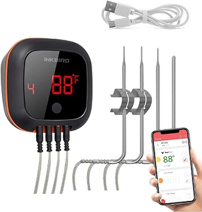 Inkbird IBT-4XS Bluetooth Wireless Grill BBQ Thermometer for Grilling with 4 Probes, Timer, Alarm,150 ft Barbecue Cooking Kitchen Food Meat Thermometer for Smoker, Oven, Drum