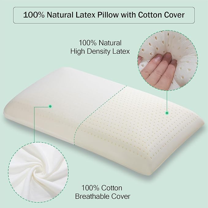 Talalay 100% Natural Premium Latex Pillow, Standard Bed Pillow with Removable Cotton Cover, Helps Relieve Pressure, Sleeping Pillow Suitable for Back and Side Sleepers, as Travel Pillow, Best Gift