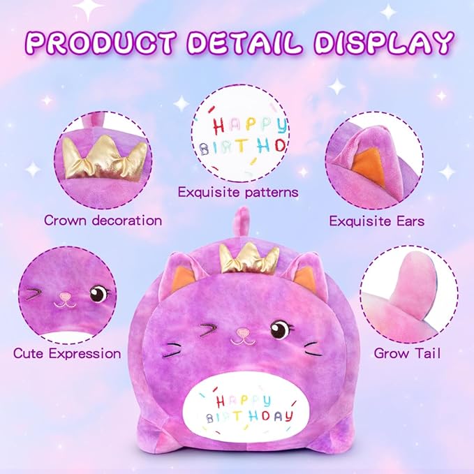 Birthday Cat Plush Pillow, Soft Purple Cat Stuffed Animal Toy (15.7inch)