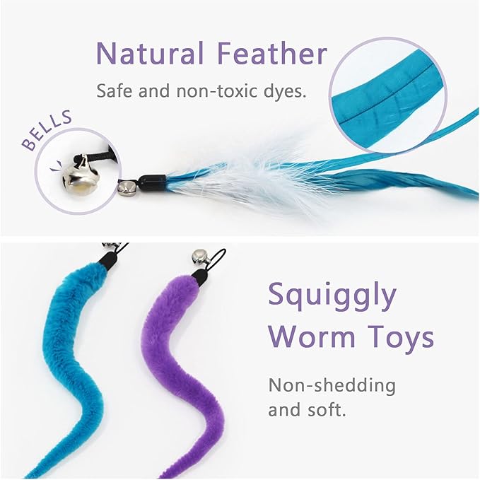 SONGWAY Interactive Cat Feather Toy Set - Retractable Teaser Wand with 6 Pcs Feather Refills with Bell, Cat Wand Toys for Indoor Cats Kittens Play Chase Exercise, Blue