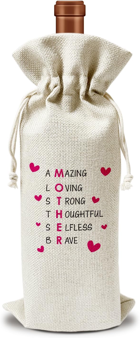 Mom Wine Gift Bag, Mom Gifts for Mom from Daughter Son, Gift for Mother Mama Mother-in-law, 1pcs Reusable Burlap Drawstring Wine Gift Bag for Wine Bottles, Mother's Day Holiday Party Favor -19