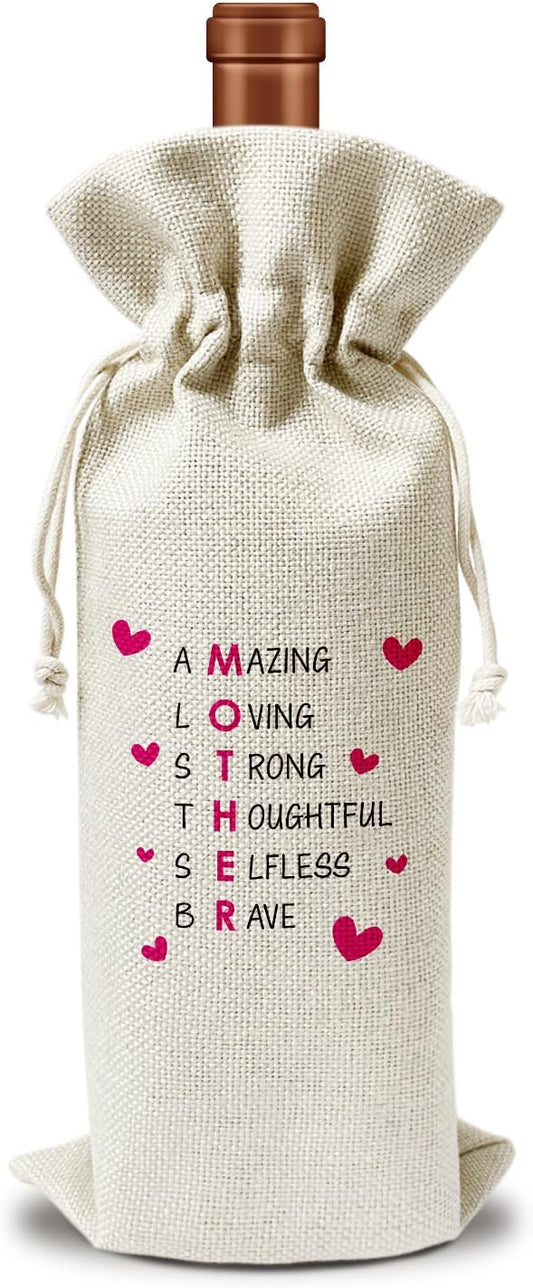 Mom Wine Gift Bag, Mom Gifts for Mom from Daughter Son, Gift for Mother Mama Mother-in-law, 1pcs Reusable Burlap Drawstring Wine Gift Bag for Wine Bottles, Mother's Day Holiday Party Favor -19