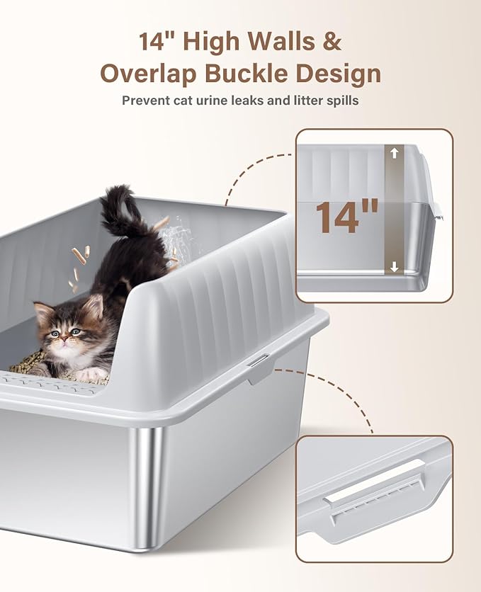 Cat Litter Box Stainless Steel XL with Lid, Enclosed Metal Extra Large Litter Box Pan High Sided with Scoop for Big Cats, Non-Sticky, Anti-Urine Leakage, Easy Cleaning