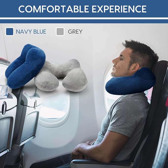 Inflatable Travel Pillow for Airplane Inflatable Neck Pillow for Traveling with Soft Velvet Washable Cover for Sleeping, Airplane,Train, Car, Office, Contoured Eye Masks, Earplugs