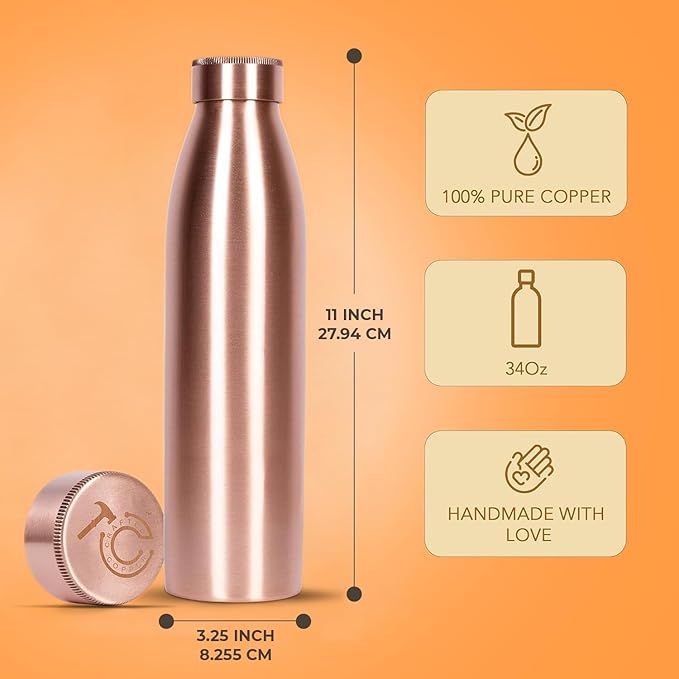 34 Oz Extra Large Smooth Finish 100% Pure Copper Water Bottle For Drinking | Leak Proof Design And Carrying Pouch | Drink More With Healthy Benefits Immediately