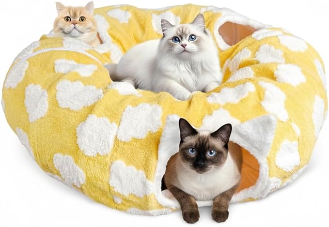 Donut Cat Tunnel Bed for Indoor Cats - 2-in-1 Kitty Playhouse with Cozy Hideout, Durable Pet Caves for Multiple Kittens, Washable Cushion and Collapsible Design