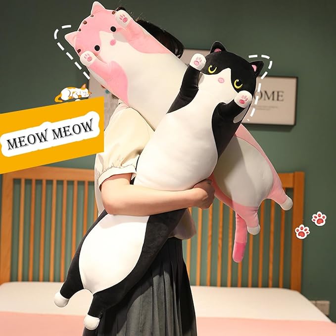 Black Cat Long Plush Pillow Kitty Stuffed Animals Soft Sleeping Throw Pillow Doll Toy Gift(Black,18inches)