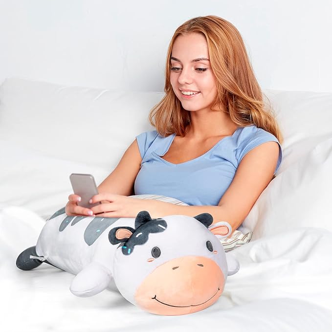 Cow Plush Body Pillow, 35" Kawaii Milk Cow Stuffed Animals Squishy, Cute Plushies Cuddle Pillow for Kids, Long Plush Toys, Birthday Gifts for Women, Girls and Males