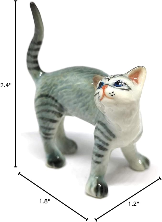 ZOOCRAFT Ceramic Cat Figurine Miniatures Stretching Gray Pet Lovers Collectibles Hand Painted Animal Poecelain