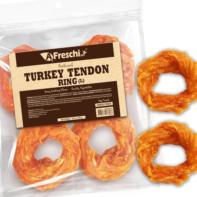 AFreschi Turkey Tendons for Dogs, USA-Sourced, Healthy Dog Treats, Rawhide-Free Puppy Chews, Long Lasting, All Natural, Hypoallergenic Dog Treats for Large Breeds, 10 oz Pack Ring (L)