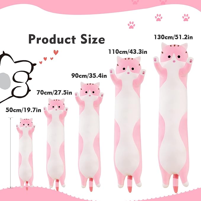 Long Cat Plush Pillow, 19.6in Cute Pink Cat Plushie Stuffed Animals Body Pillow, Kawaii Kitten Soft Plushie Doll Toy Birthday Gift for Kids Girlfriend