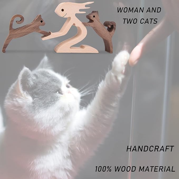 Woman and Cat Statue Wood Figurine Handcraft Kitty Ornament Home Decor Accents