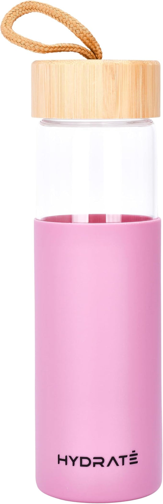 HYDRATE Glass Water Bottles 25 oz - Gym Drinking Bottles with Slip Resistant Silicone Sleeve and Leak Proof Bamboo Lid - Clear Sports Bottle Made of Borosilicate Glass - 10 x 3 inches - Pink