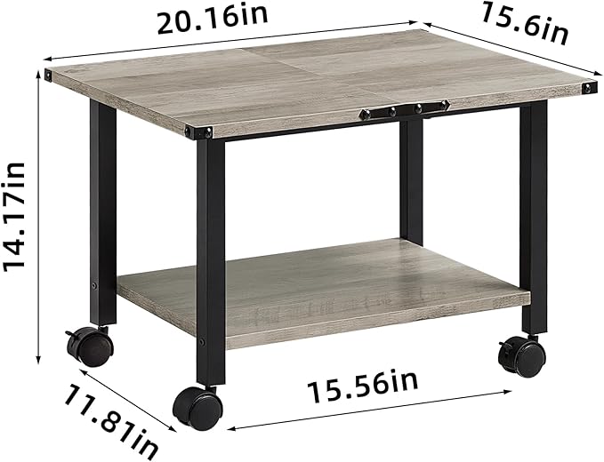 Lerliuo Under Desk Printer Stand, 2-Tier Industrial Mobile Printer Table with Storage Shelf and Steel Frame, Rolling Printer Cart Holder with Lockable Wheels for Home, Office (Grey)