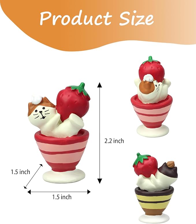 Cute Miniature Cat Figurine Holding a Strawberry on a Cup Resin Mini Cat Figures, Kitten Miniature Desk Accessories - Perfect Cute Cat Gift for Cat Lovers