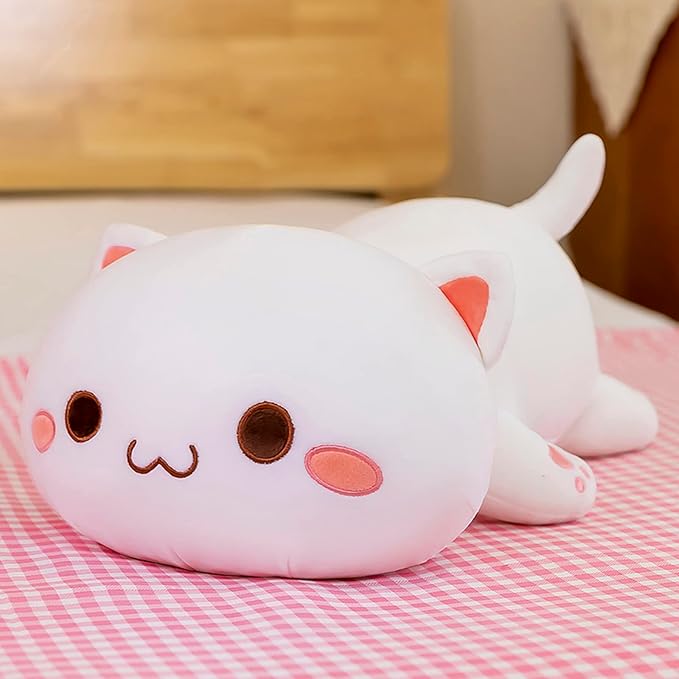 FUYU Cat Stuffed Animals, Soft Cat Plush Pillow Kawaii Kitten Stuffed Animal Toy Gifts for Kids Boys Girls Room Decor (White Round Eyes,19in/50cm)