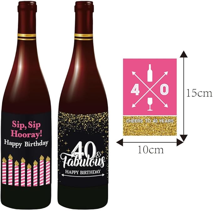 40th Birthday Wine Bottle Labels, Black and gold pink,Birthday party supplies,Funny Birthday gifts for women, Set of 6