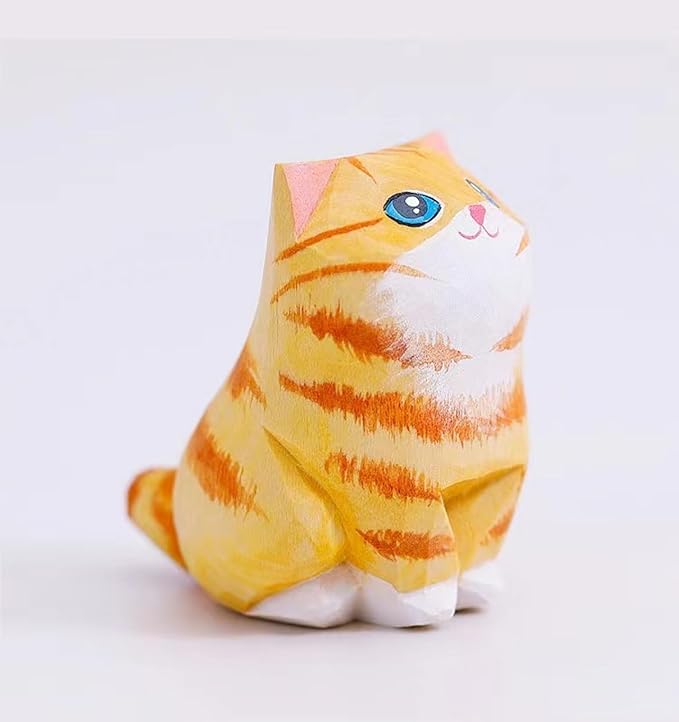 Handmade Orange Cat Figurine, Wooden Tabby Statue Craft, Cute Home Decor, Unique Figure Collectible Gift for Cat Lovers