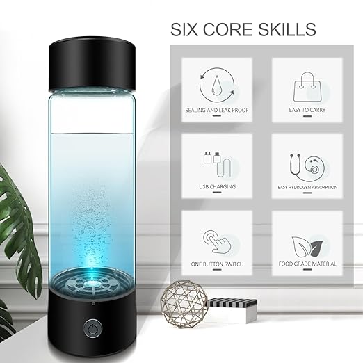 Hydrogen Water Bottle, 2024 Portable Hydrogen Water Bottle Generator with Inhaler Adapter, Rechargeable Hydrogen Rich Water hydrogenator Glass Health Cup for Home Office, 420ML(Black)
