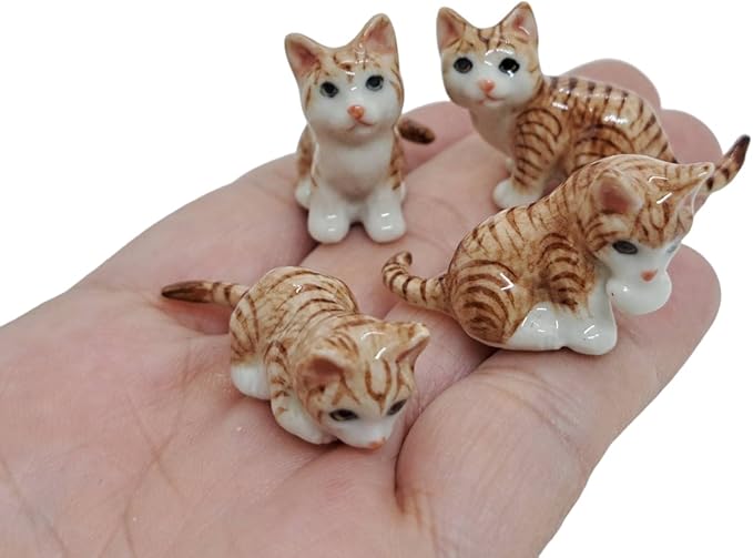 WitnyStore Tiny 1⅛" Long Brown White Tabby Shorthair Cat Sitting Figurine - Miniature Hand Made Painted Ceramic Cats Kitten Feline Animal Cute Porcelain Decorative Collectible Figurines Décor Gifts