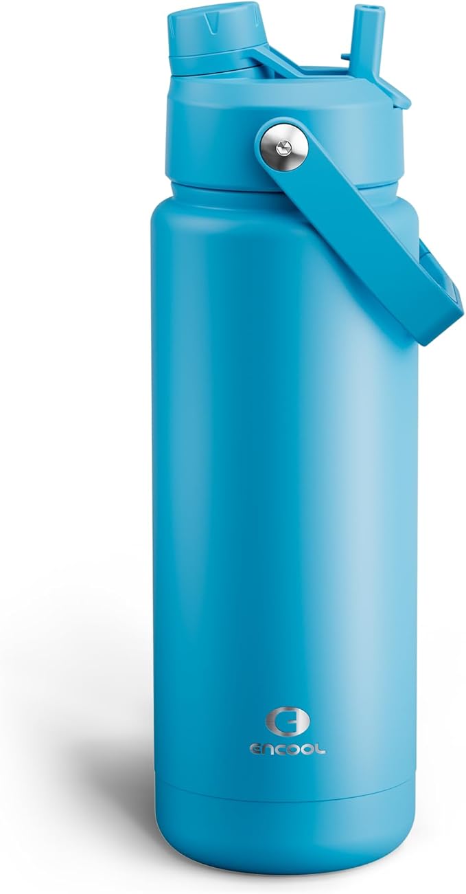 Insulated Water Bottle with Straw - Encool Stainless Steel Water Bottle, Leak-Proof, BPA-Free, Double Wall Vacuum Keeps Cold for 24 Hours for Sports, Travel, School (32 oz, Azure Blue)