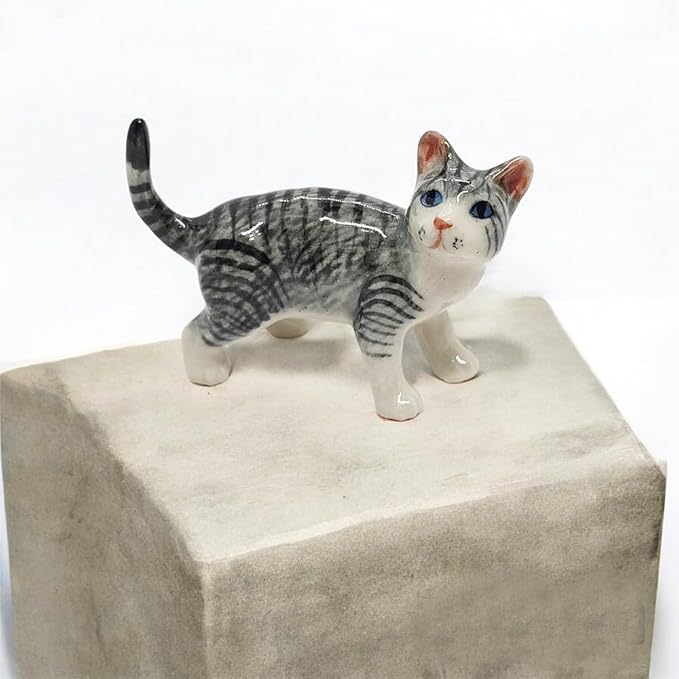 WitnyStore Tiny 2" Long Gray White Tabby Cat Standing Look Right Figurine - Miniature Hand Made Painted Ceramic Cats Kitten Feline Animal Cute Porcelain Decorative Collectible Figurines Décor Gifts