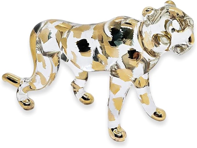 WitnyStore Tiny 5" Clear Gold Stand Cheetah Leopard - Miniature Hand Blown Painted Glass Panthera Feline Wild Cats Small Crystal Wildlife Animals Decorative Figures Collectible Figurines Décor Gifts