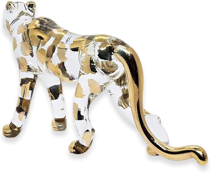 WitnyStore Tiny 5" Clear Gold Stand Cheetah Leopard - Miniature Hand Blown Painted Glass Panthera Feline Wild Cats Small Crystal Wildlife Animals Decorative Figures Collectible Figurines Décor Gifts