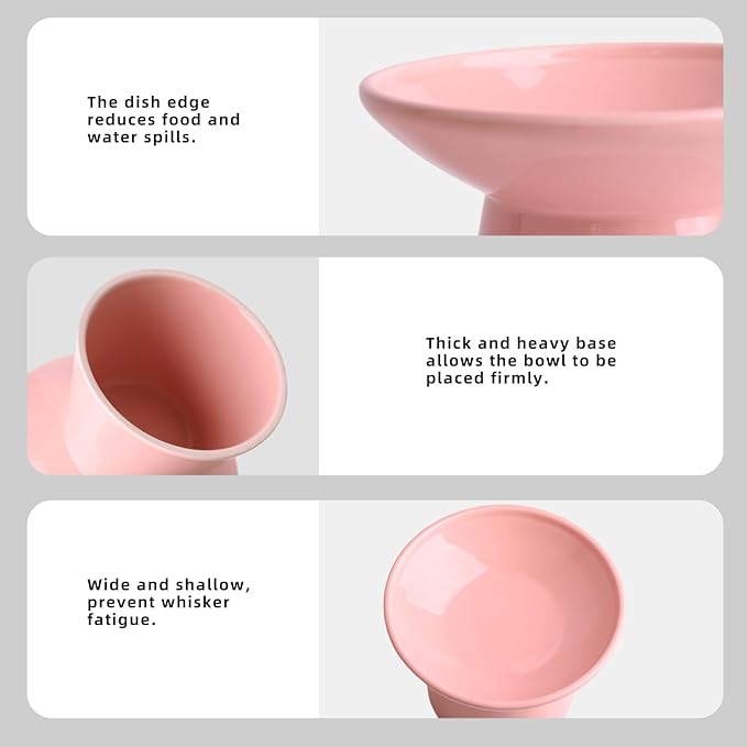 6.2 Inch Extra Wide Elevated Ceramic Cat Bowls, Food and Water Bowl Set for Elder Big Cats Small Dogs, Raised Design for Pet Easy Eating, Protect Cat's Spine Set of 4(Pink)