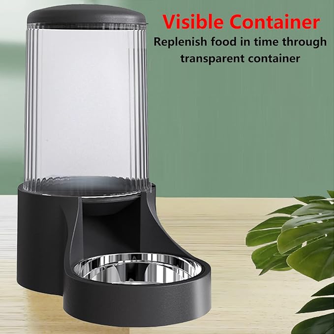 Automatic Cat Feeder, 3.8L Large Gravity Cat Food Dispenser with Detachable Top Lid, Visible Bottle and Stainless Steel Bowl for Pets (Black)