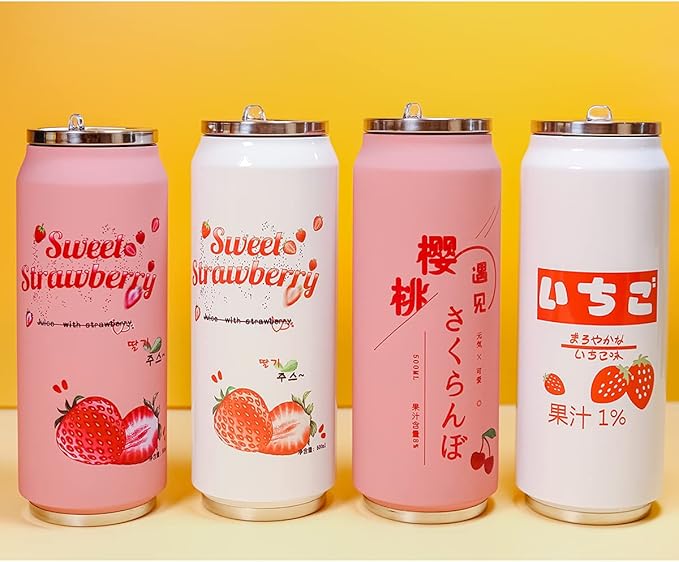 Kawaii Water Bottles Stainless Steel Water Bottle Kawaii Water Bottle with Straw Japanese Water Bottle Insulated (500ml/16.13oz，Pink Strawberry)