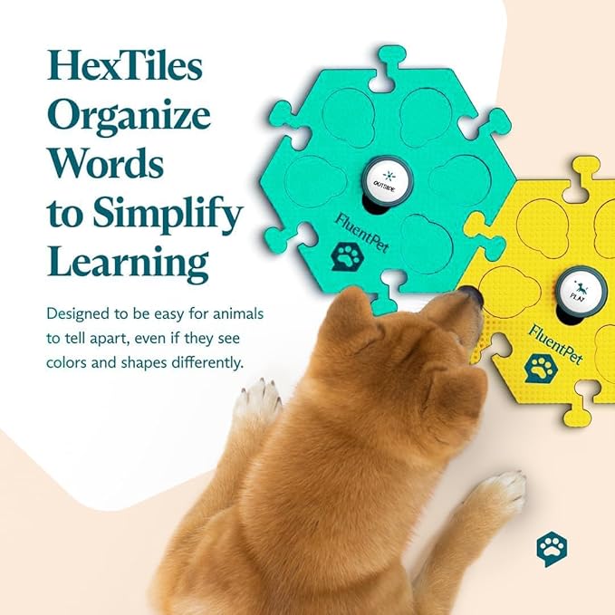 FluentPet Get Started Kit - Set of 6 Basic Buttons with Batteries Included for Dogs & Cats and 3 HexTiles - Customizable Cat & Dog Training Buttons for Communication - Talking Button Gift Set