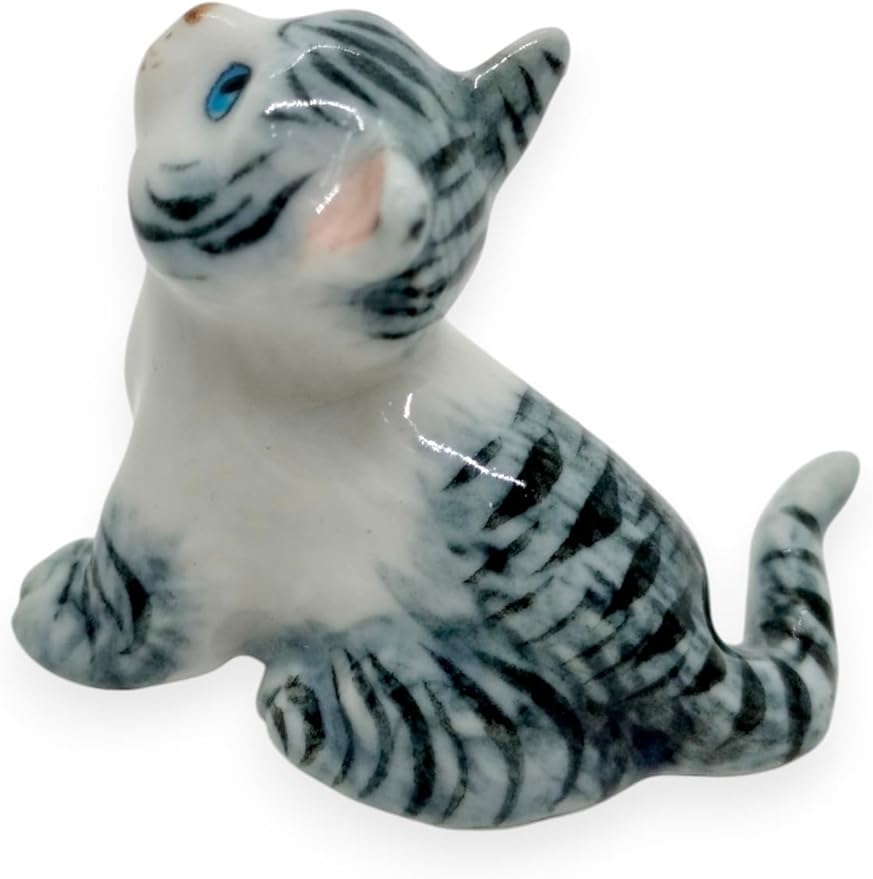 WitnyStore Tiny 1½" Gray White Tabby Shorthair Cat Sitting Look Up Figurine - Miniature Hand Made Painted Ceramic Cats Kitten Feline Animals Cute Porcelain Decorative Collectible Figures Décor Gifts