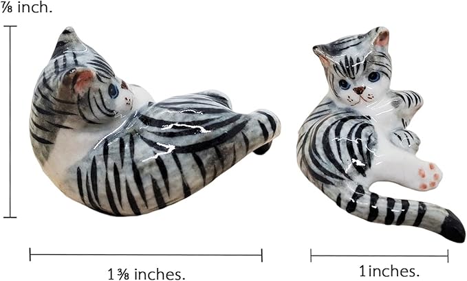 WitnyStore Tiny 1⅜" Gray White Tabby Shorthair Cat Lying Look Back Hang Tail Figurine - Miniature Hand Made Ceramic Cats Kitten Feline Animal Cute Porcelain Decorative Collectible Figures Décor Gifts
