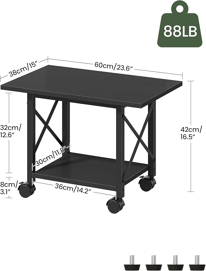 23.6" Under Desk Printer Stand, 2-Tier Printer Table with Wheels Adjustable Feet for Home Office, Study, Living Room, Black TPS01BB