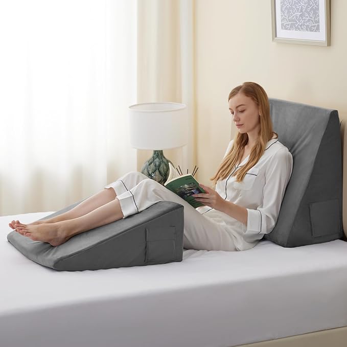 Bed Wedge Pillow for Sleeping, 8 Inch Memory Foam Wedge Pillow Post Surgery, Triangle Pillow Wedge, Elevated Support Pillows for Sleeping, Acid Reflux & Snoring - Removable Washable Cover