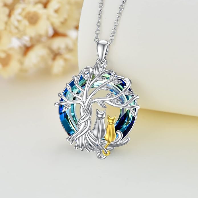 TOUPOP Cat Gifts for Cat Lovers Sterling Silver Cute Cat Tree of Life Pendant Necklace with Blue Circle Crystal Birthday Christmas Jewelry Gifts for Women