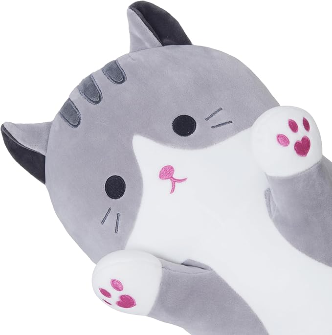 Soft Cat Plush Pillow, Grey Long Cat Stuffed Animals Soft Long Kitten Plushies Kawaii Cat Stuffed Plush Toy for Kids Girlfriend(70cm/27.5inch)