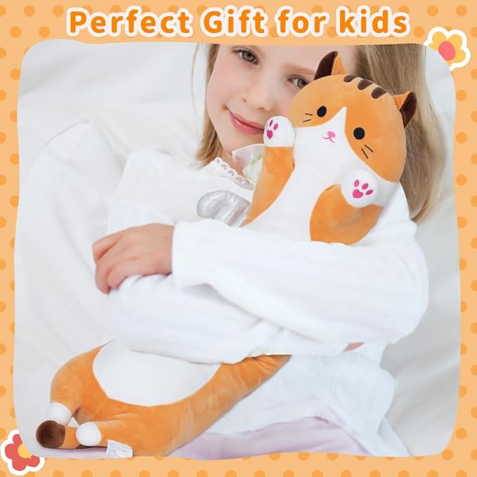 Soft Cat Plush Pillow, Yellow Long Cat Stuffed Animals Soft Long Kitten Plushies Kawaii Cat Stuffed Plush Toy for Kids Girlfriend(90cm/35.4inch)