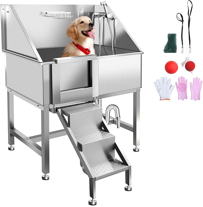 38" Dog Bathing Station, Professional Dog Washing Station Stainless Steel Dog Grooming Tub for Home,Equipped with Three Anti-Slip Steps, Removable Door, Pet Wash Station for Pet,L-RAMP