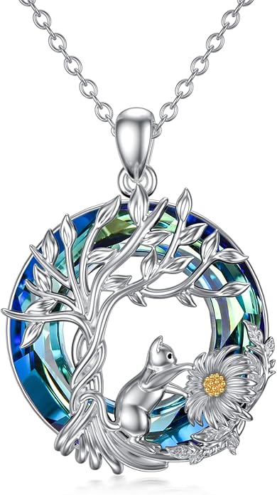 TOUPOP Cat Gifts for Cat Lovers Sterling Silver Cute Cat Tree of Life Pendant Necklace with Blue Circle Crystal Birthday Christmas Jewelry Gifts for Women