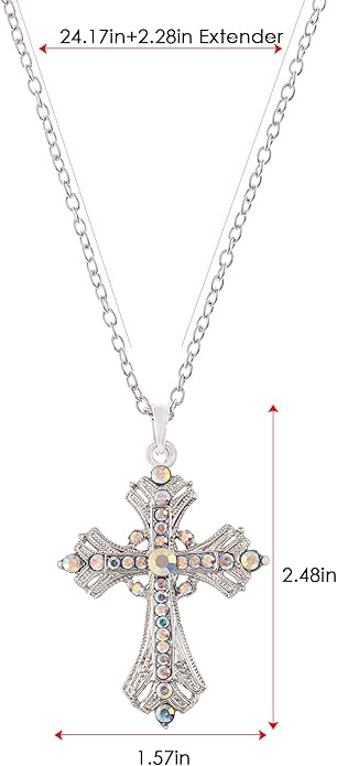 Alilang Silvery Tone Religious Cross Pendant Necklace w/Aquamarine Blue Or Clear Crystal Rhinestones