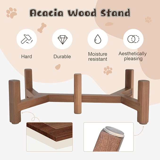 SPUNKYJUNKY Ceramic Elevated Dog Bowl Set with Acacia Wood Stand for Food and Water for Cat and Small Dog (13.52 OZ, White and Reddish Brown)