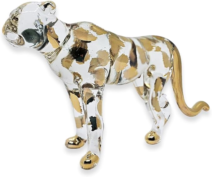 WitnyStore Tiny 5" Clear Gold Stand Cheetah Leopard - Miniature Hand Blown Painted Glass Panthera Feline Wild Cats Small Crystal Wildlife Animals Decorative Figures Collectible Figurines Décor Gifts