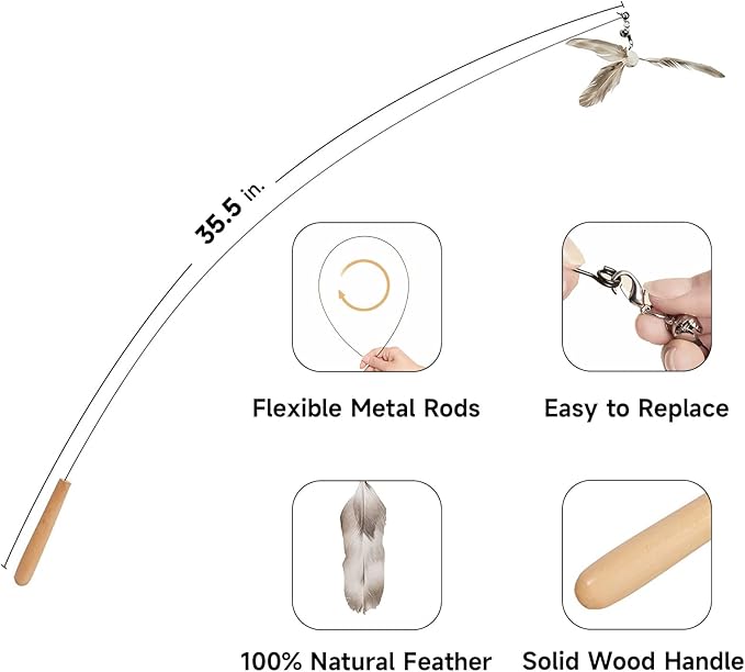 FUKUMARU Cat Wand Toy, 35.5 Inch Cat Feather Propeller Toy with Bell, Steel Wire Cat Toy for Indoor Cats with 4PCS Natural Feather